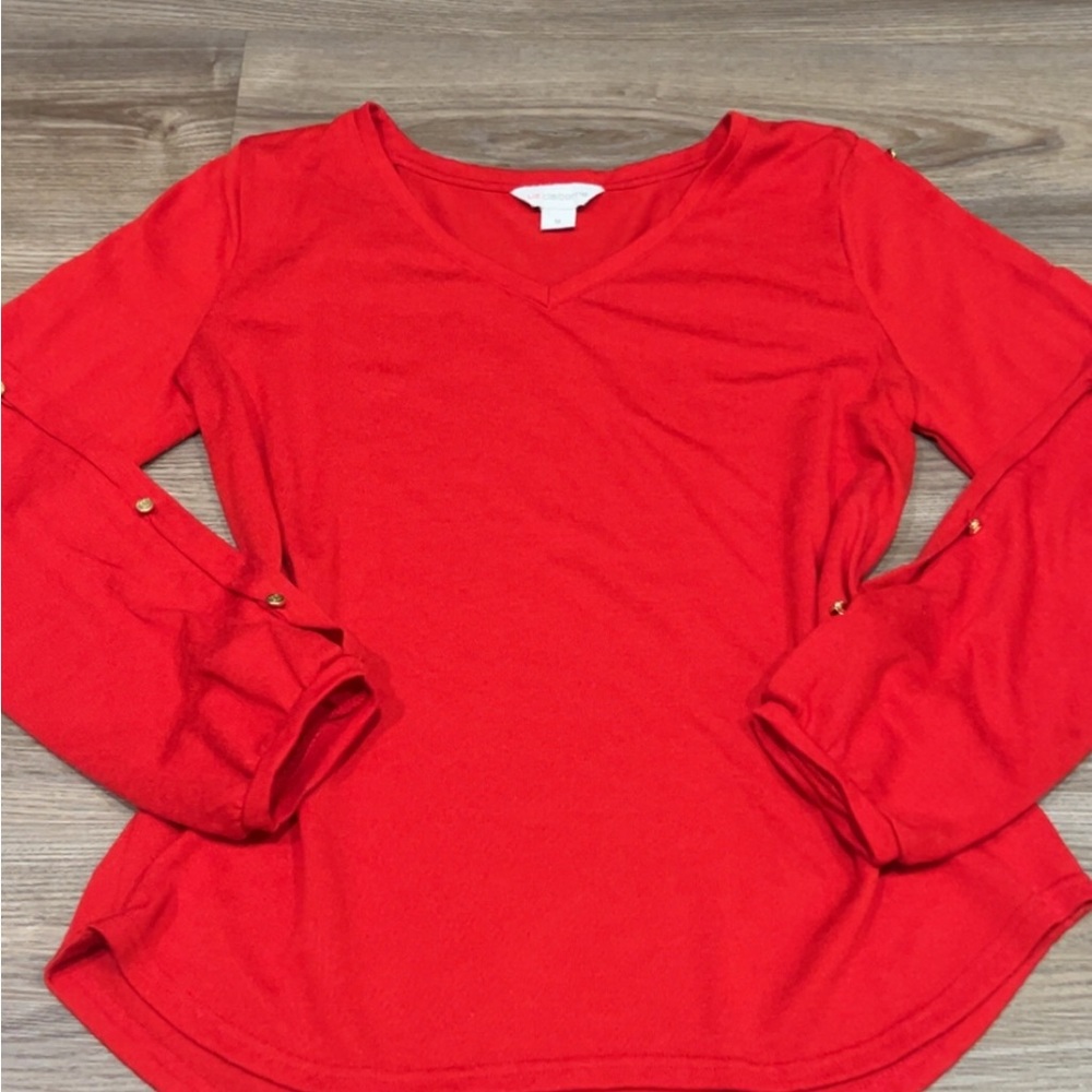 Liz Claiborne Red Fitted Decorative Sleeve Blouse